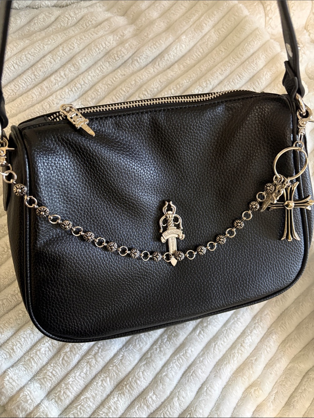 Chrome Hearts Black Pebbled Leather Shoulder Bag with Silver Cross Chain